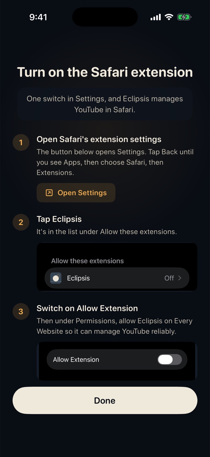 The in-app page showing the three Settings steps to turn on the Safari extension