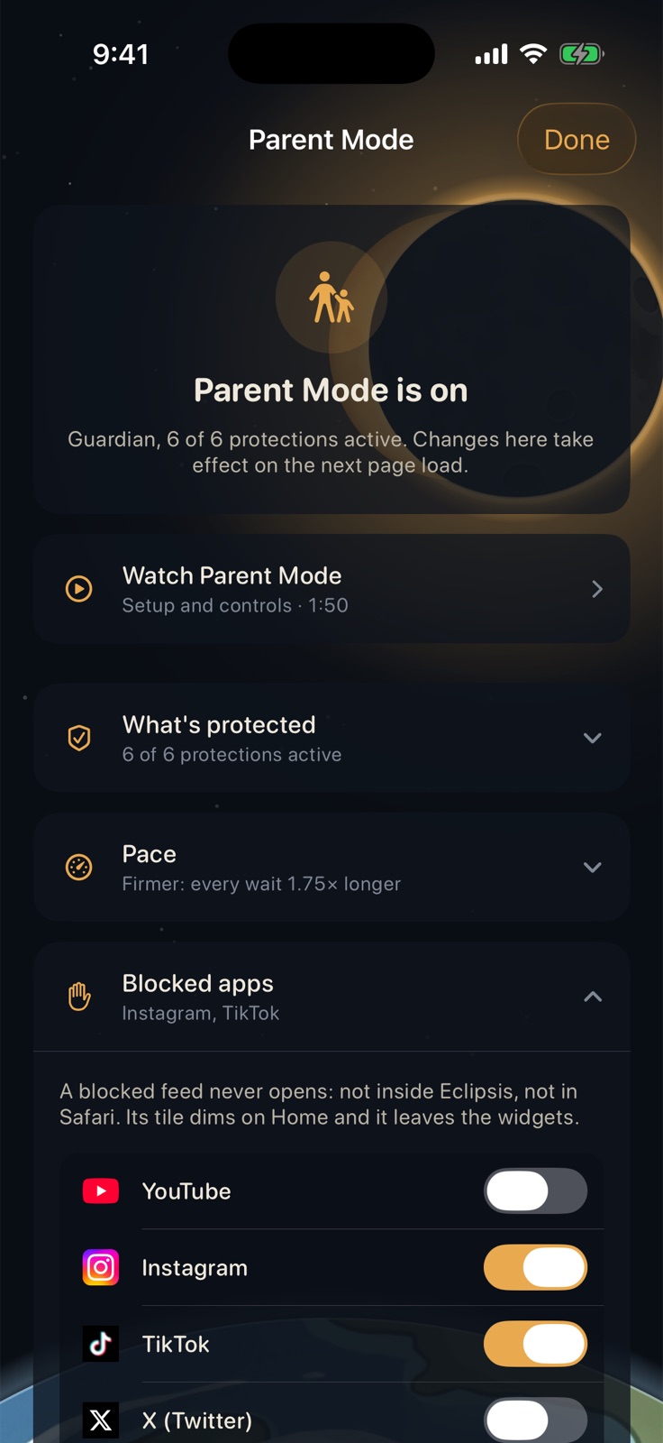 Parent Mode blocked apps switches