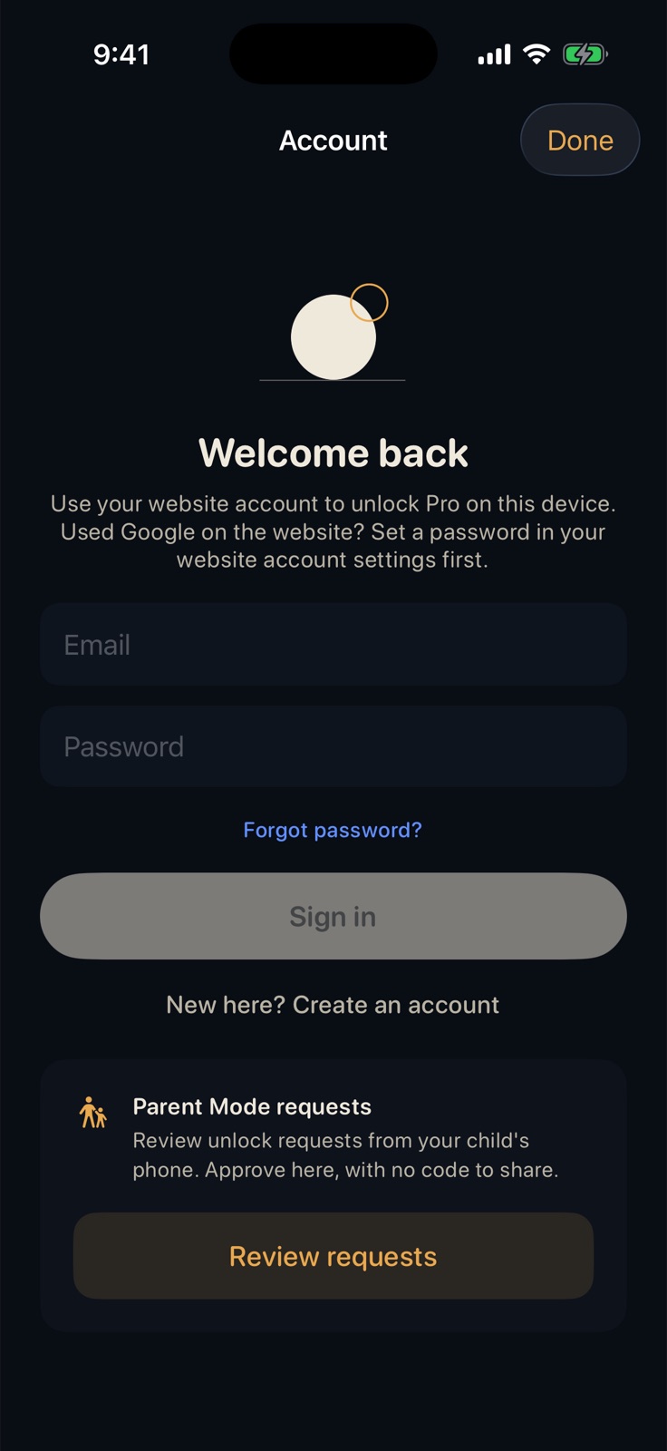 The Account screen on the parent's phone with Parent Mode requests and Review requests