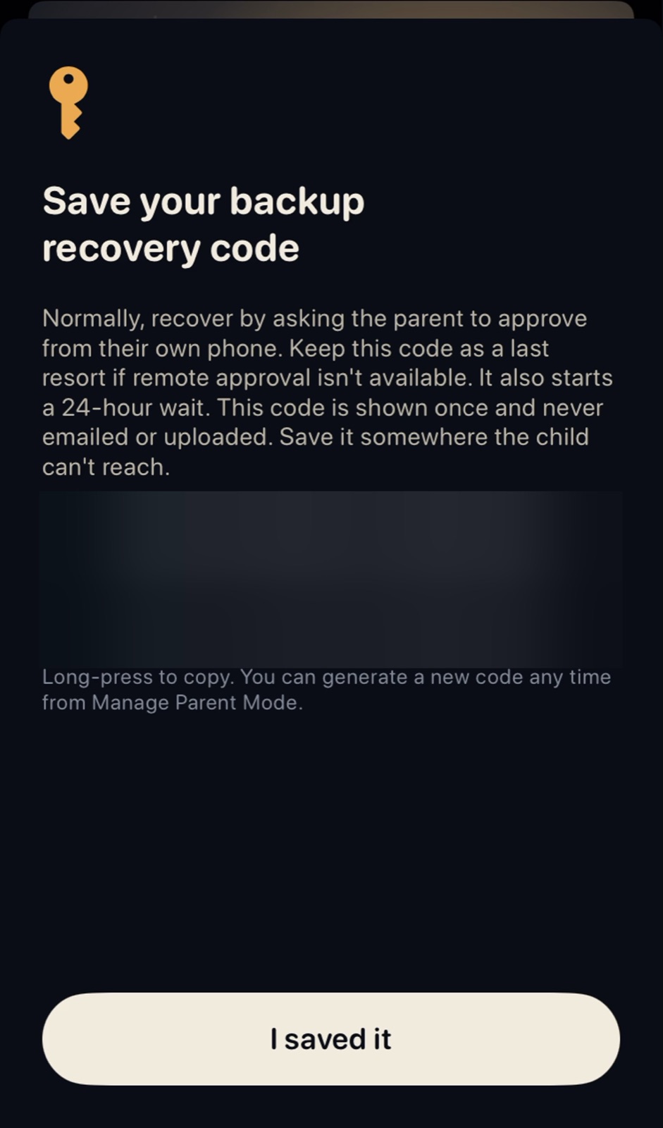 Save your backup recovery code screen