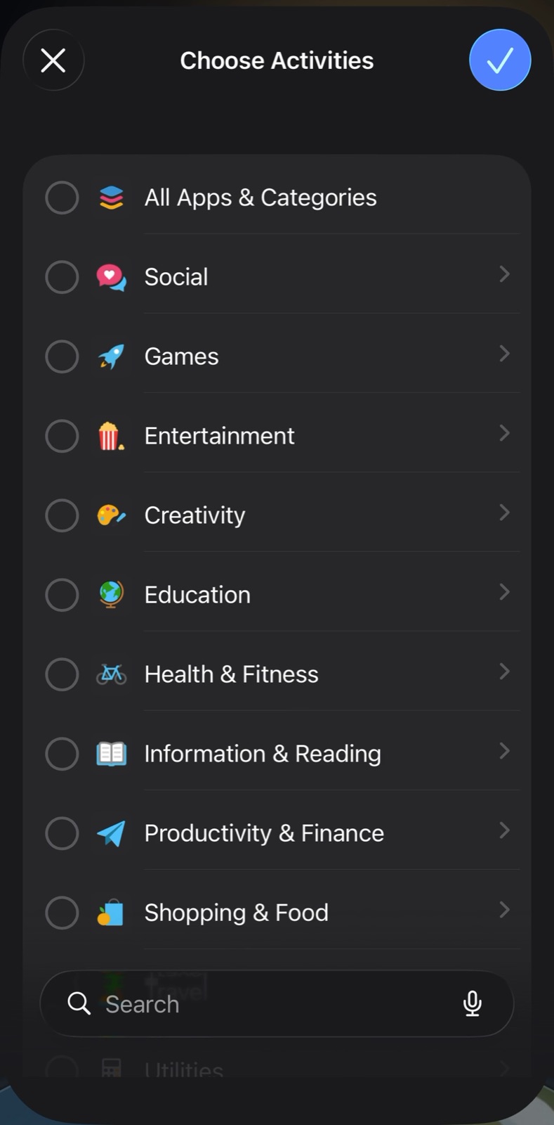 Apple's app picker showing the All Apps & Categories row and category rows