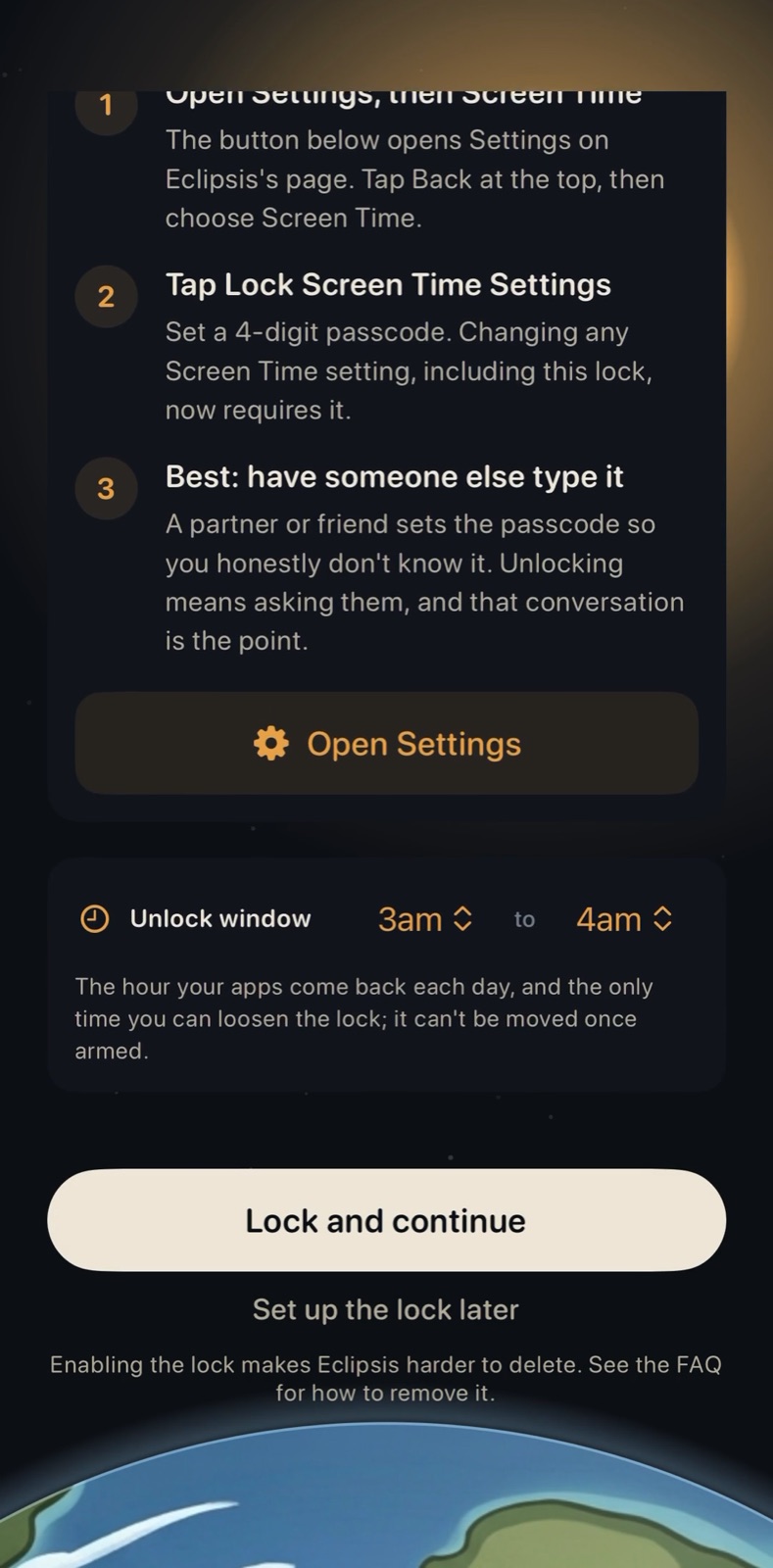 The unlock window and the passcode steps on the lock page