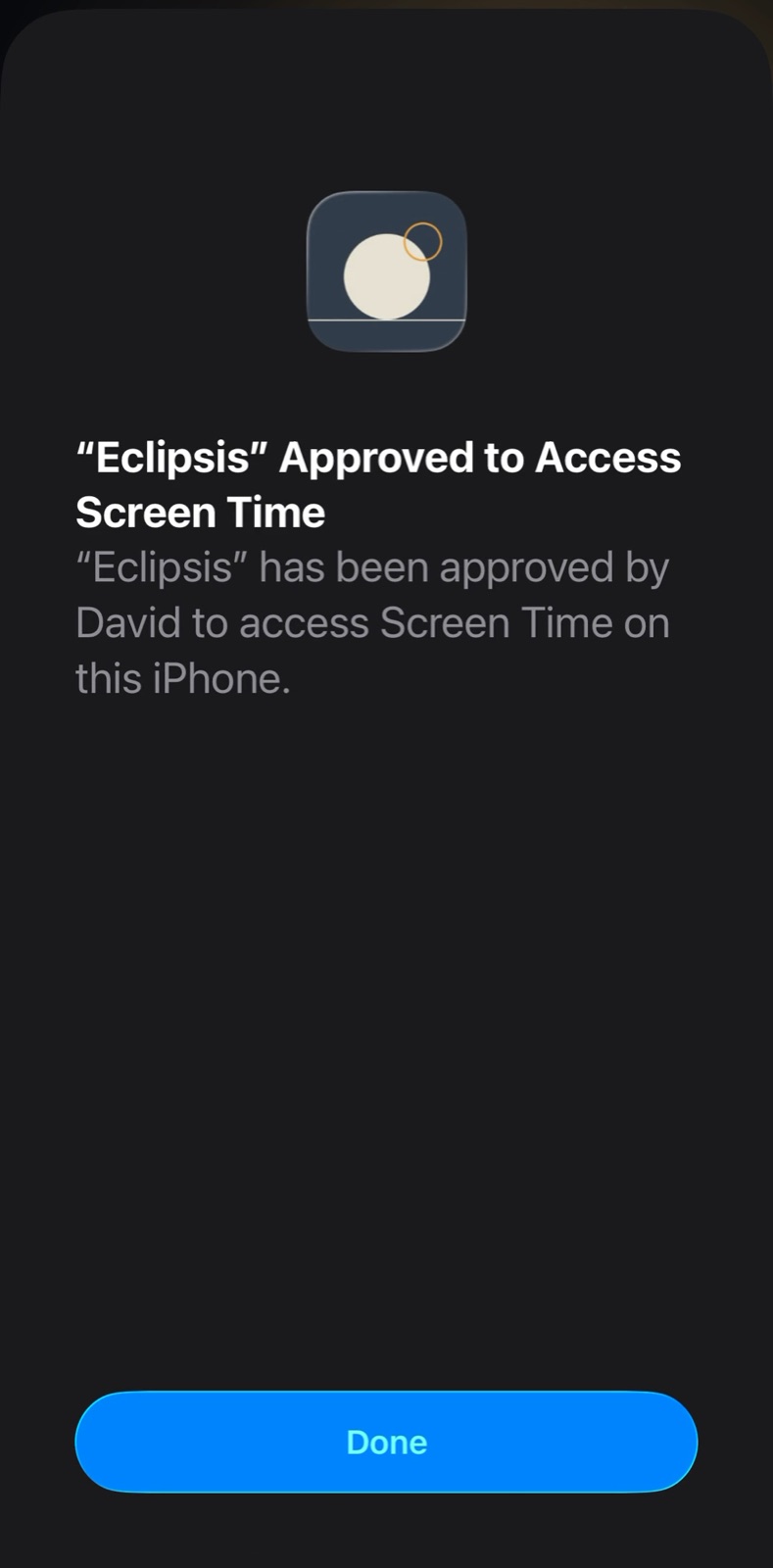 Eclipsis approved to access Screen Time, with the note about Screen Time Options in Settings