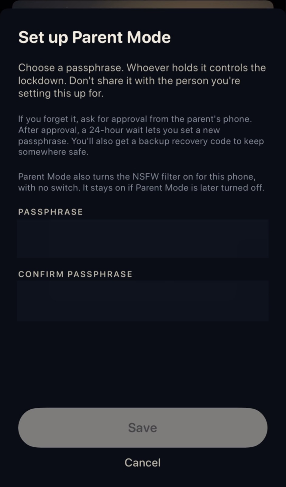 Set up Parent Mode passphrase form