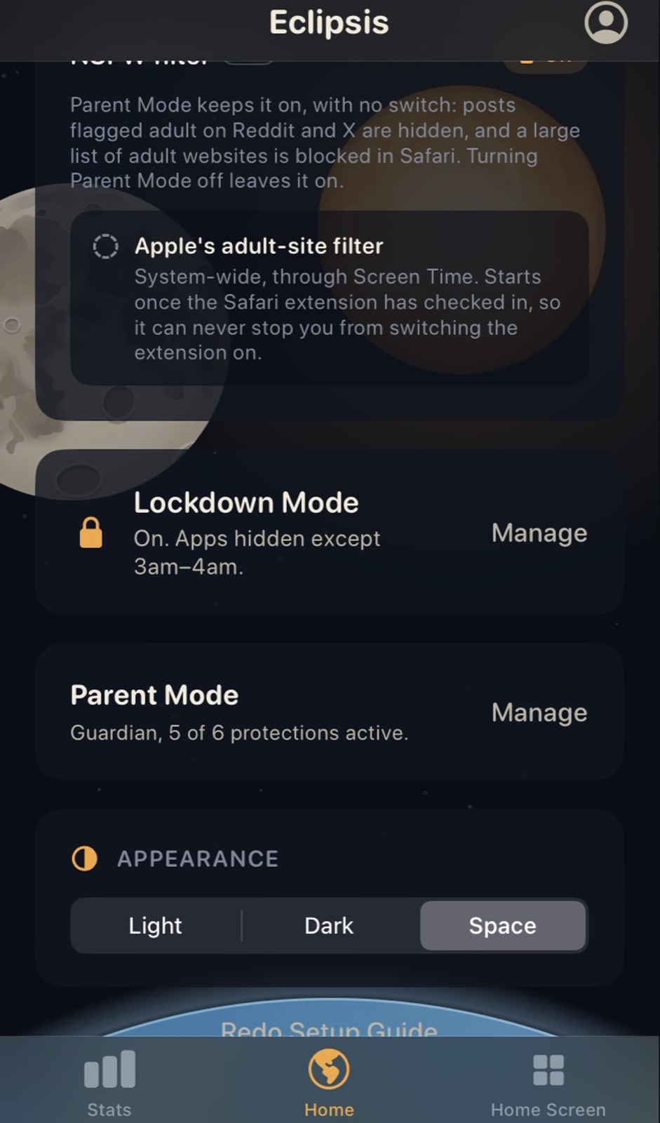 Customize panel with Lockdown Mode on and Parent Mode Manage