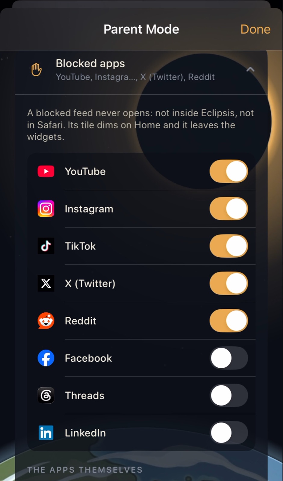 Blocked apps switches for YouTube, Instagram, TikTok, X and Reddit