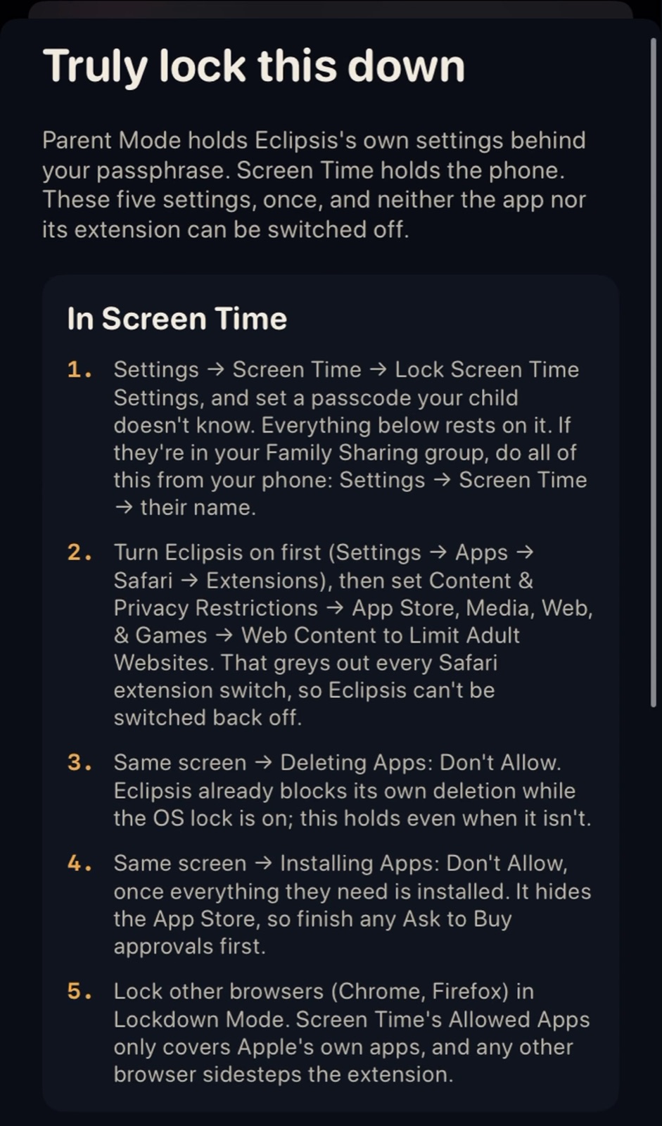 The Truly lock this down guide listing the Screen Time settings