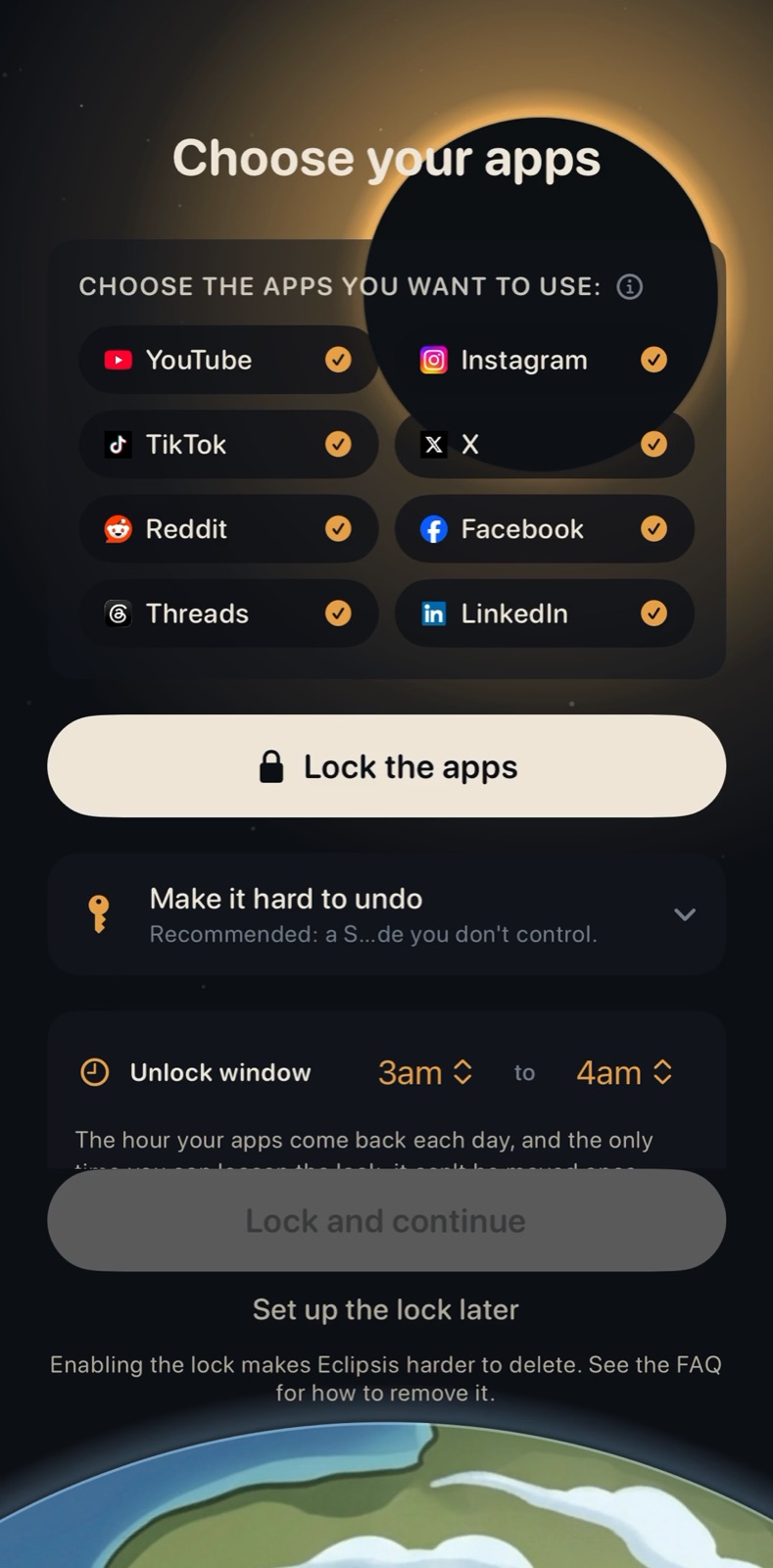 Choose your apps screen with Lock the apps button