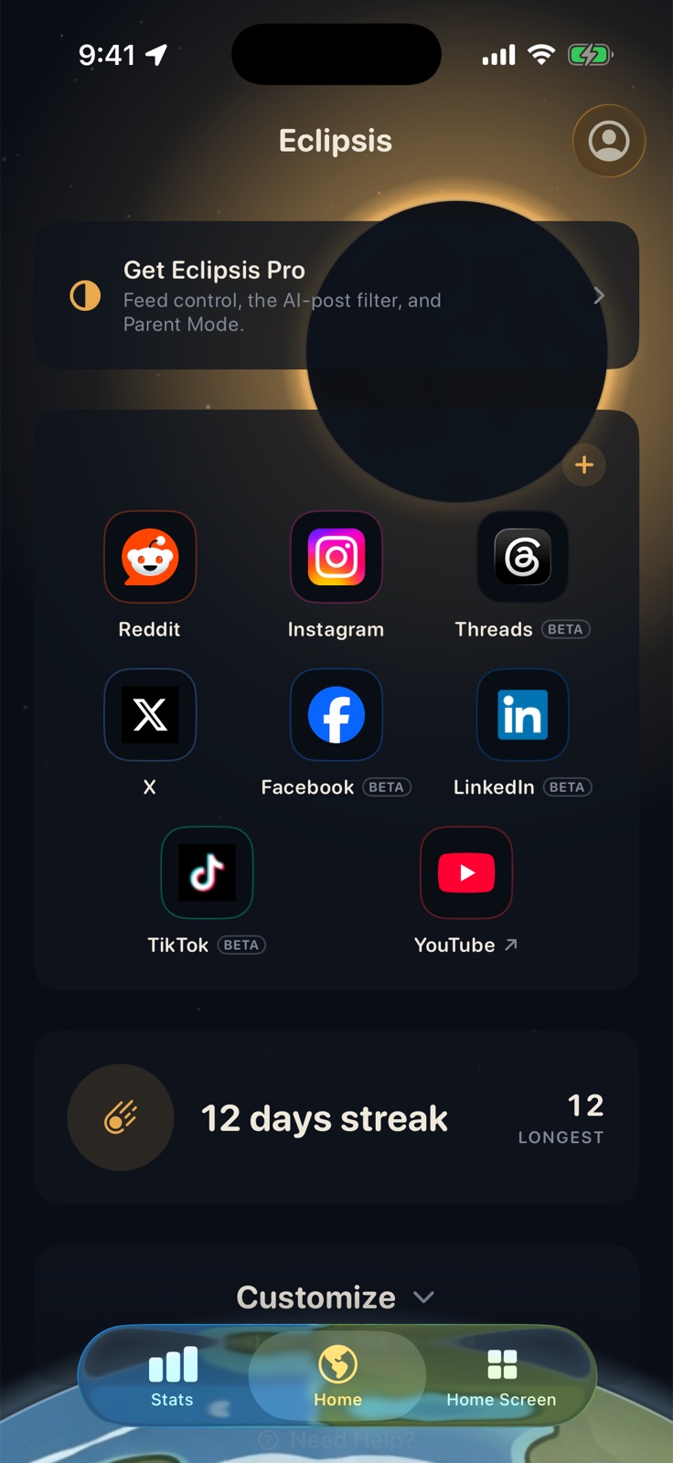 Eclipsis Home with Reddit, Instagram, Threads, X, Facebook, LinkedIn, TikTok and YouTube tiles