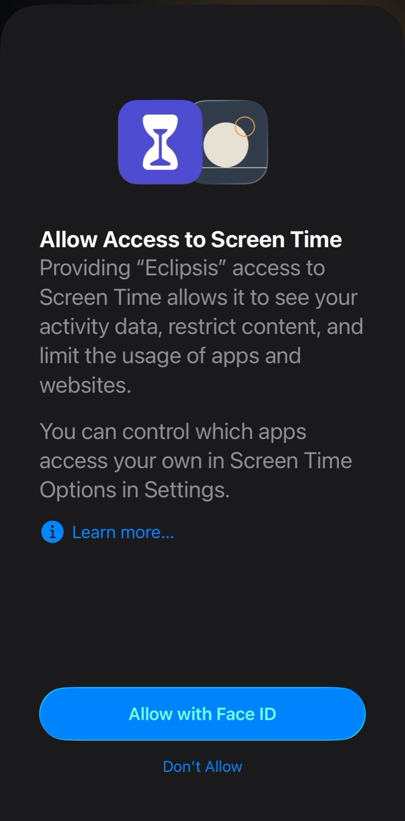 Apple's Screen Time access prompt with Allow with Face ID