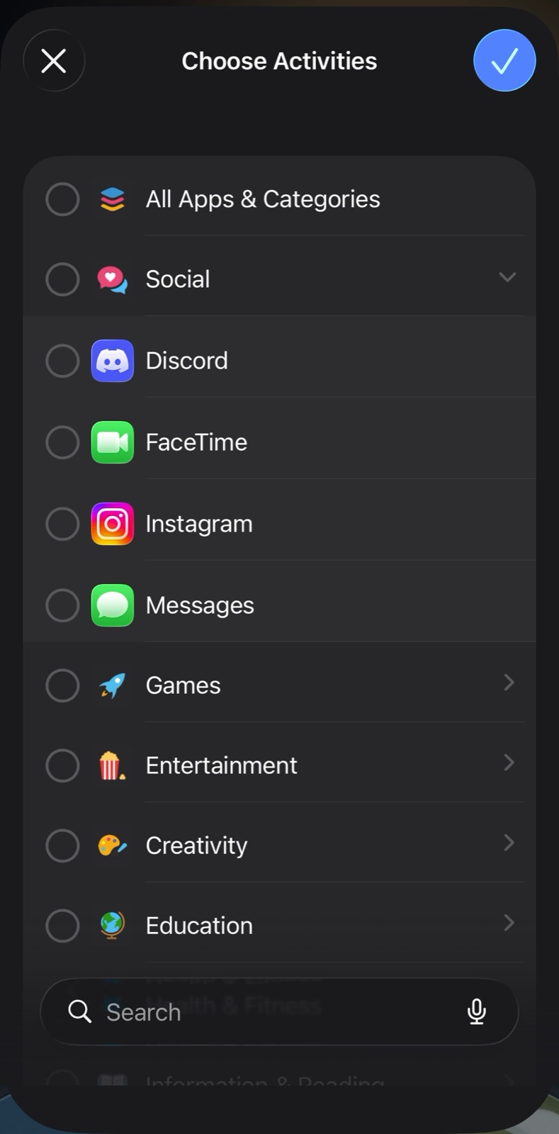 Apple's app picker with Instagram selected under Social