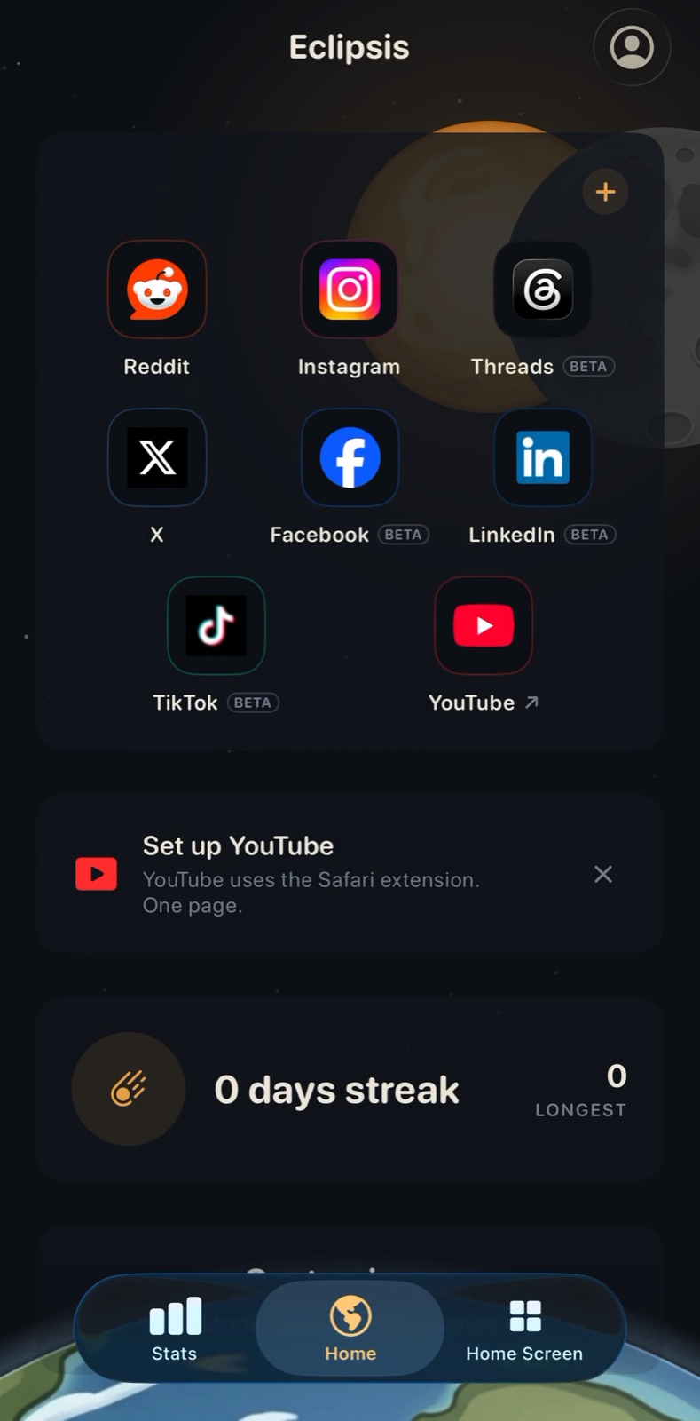 Eclipsis Home with the Set up YouTube card