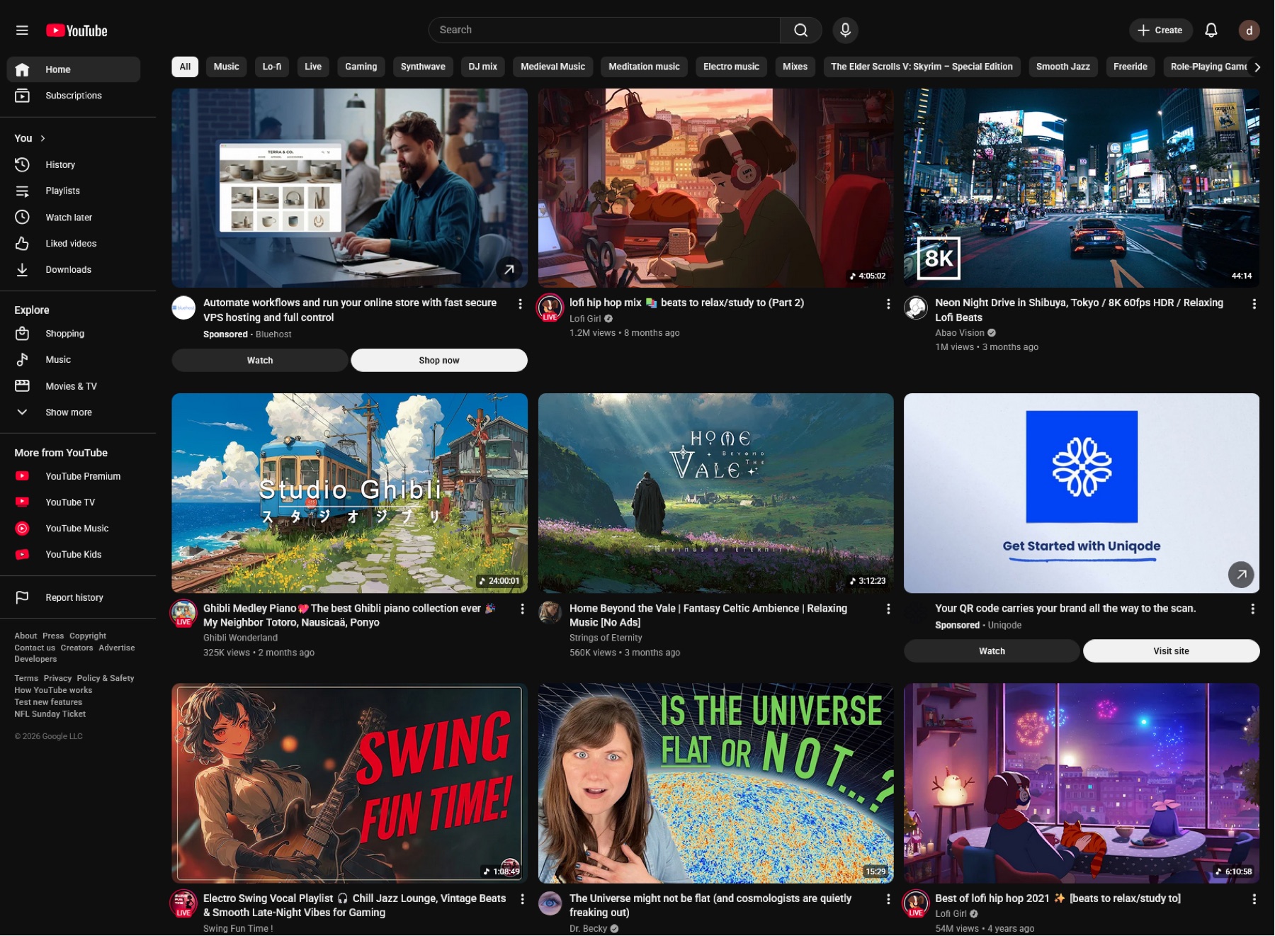 YouTube home page with only subscriptions and search, no Shorts