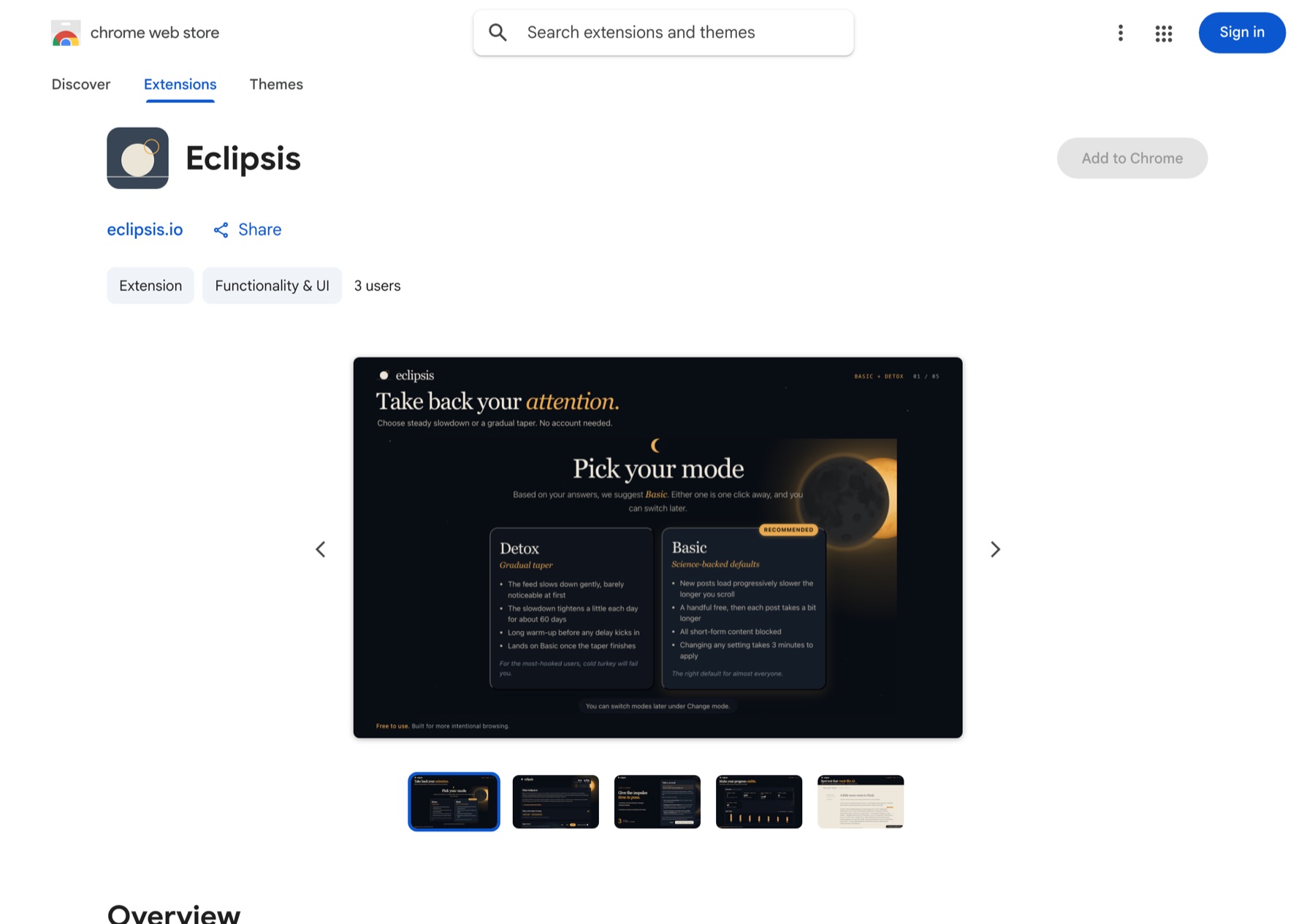 The Eclipsis listing on the Chrome Web Store