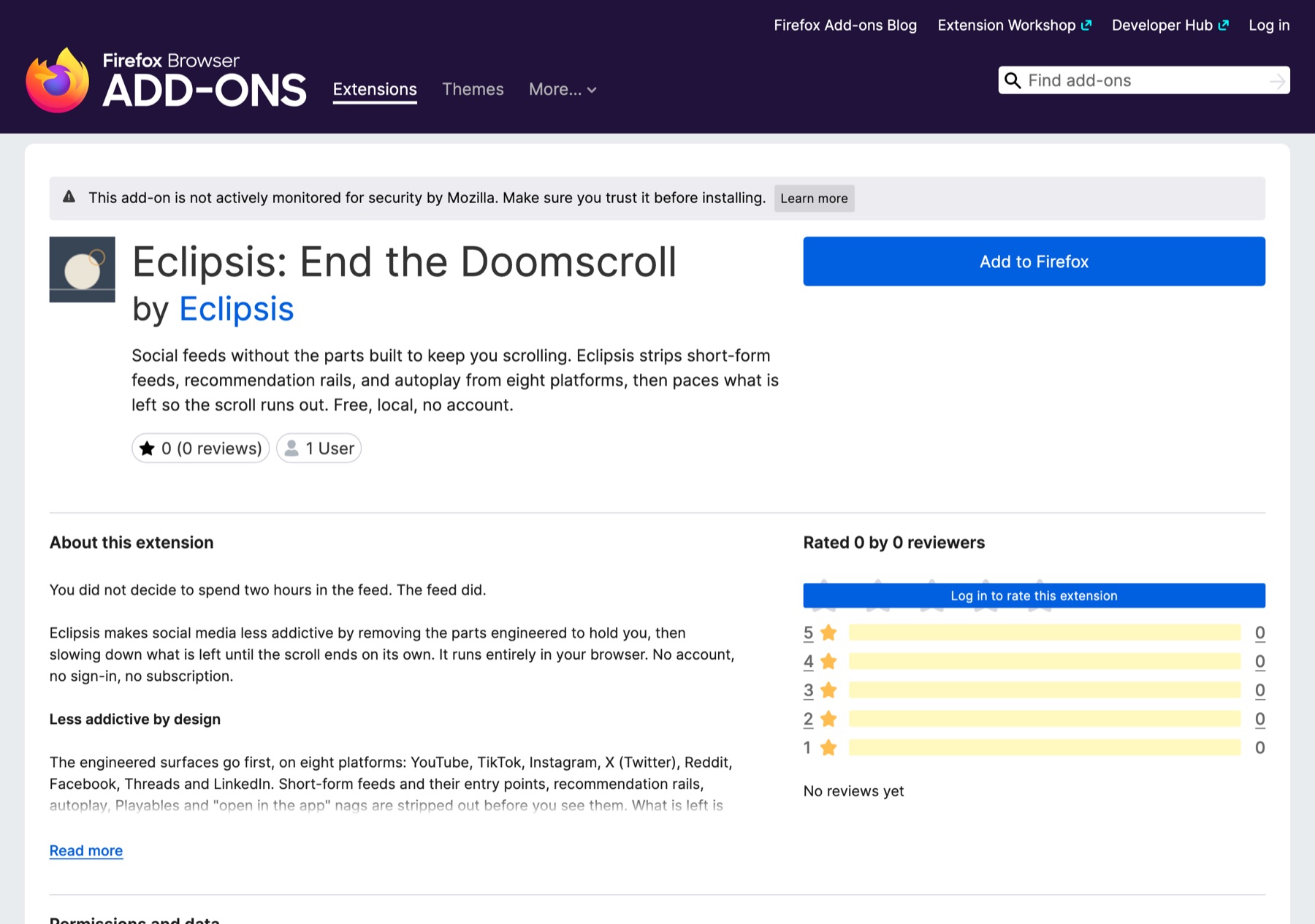 The Eclipsis listing on Firefox Add-ons