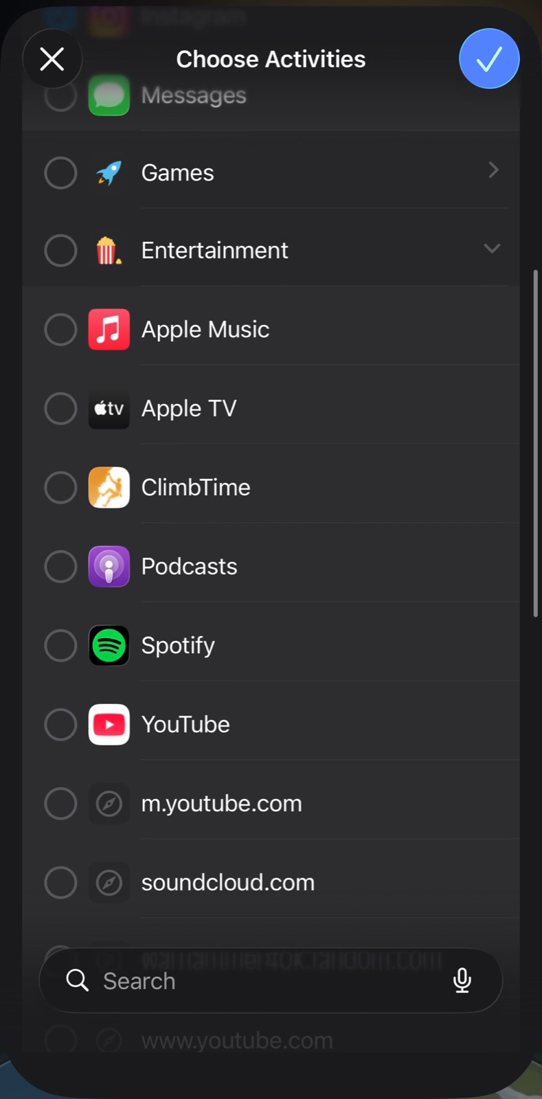 Apple's app picker with YouTube selected under Entertainment