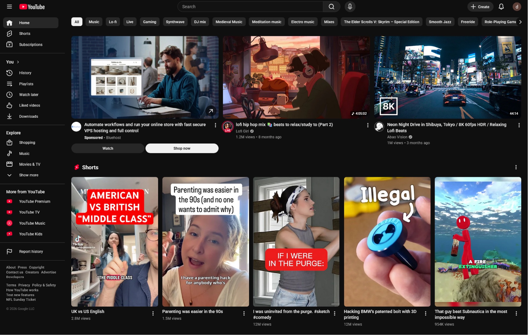 YouTube home page with a Shorts shelf between the video rows
